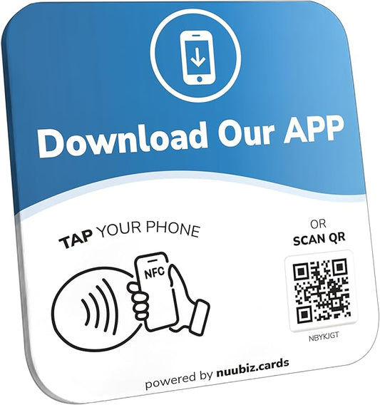 NFC Business QR Code Sign Plate for App Downloads – Drive Offline Engagement Online – Works Like Review Tap Card & Social Media Sign – No App or Fees – Includes Stand or Adhesive