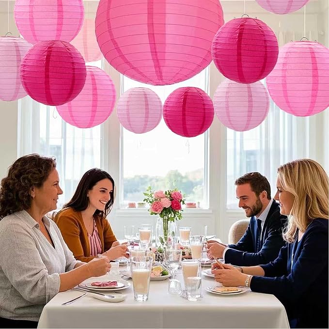 Pink Paper Lanterns 12Pcs Hanging Lanterns for Birthday Party, Wedding, Home Decor, Baby Shower Festive Decoration