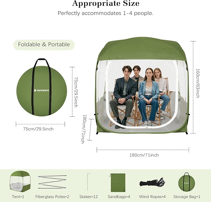 Raynesys Sports Tent, Portable & Foldable Pop Up Tents Shelter for 1-4 Person, Instant Weather Proof Clear View Bubble Tent with Carry Bag for Watching Sports Events, Camping, Fishing, Green