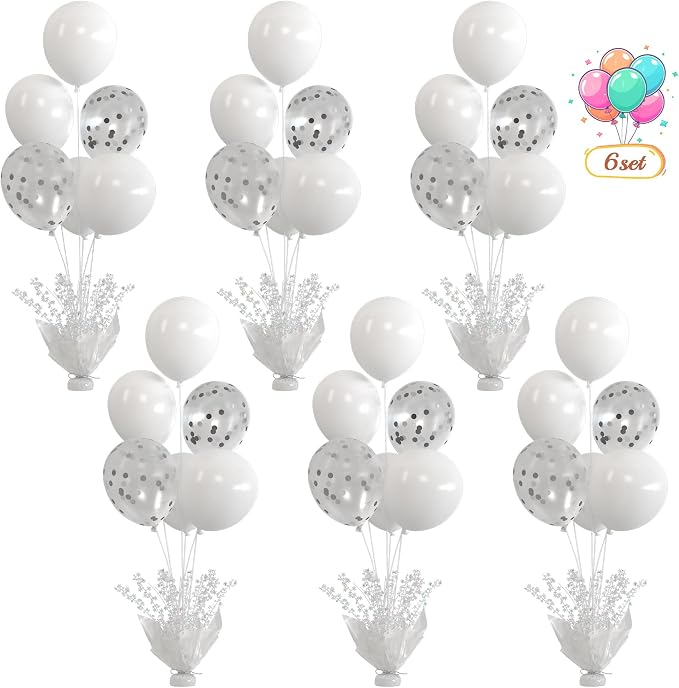 6 Set White Table Balloons Centerpiece with White and Confetti Balloons Stand Kit for Birthday Party Baby Shower Wedding Bridal Shower Prom Cake Table Decorations
