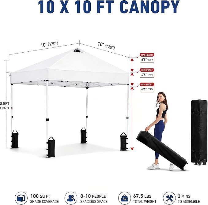 10x10 Pop Up Canopy Tent – One-Person Setup, Waterproof & UV-Blocking, Heavy-Duty Steel Frame, Wheeled Bag & Sandbags – Outdoor Shelter for Party, Camping, Beach, Outside Events (White)