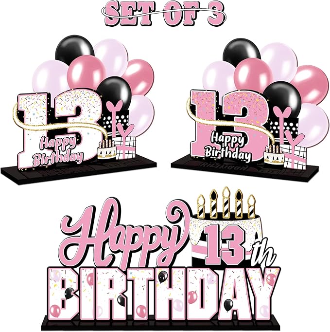 LINGTEER Happy 13th Birthday Pink Acrylic Table Topper Centerpieces Set - Cheers to 13 Years Old Birthday Thirteen Bday Party Gift Decorations.