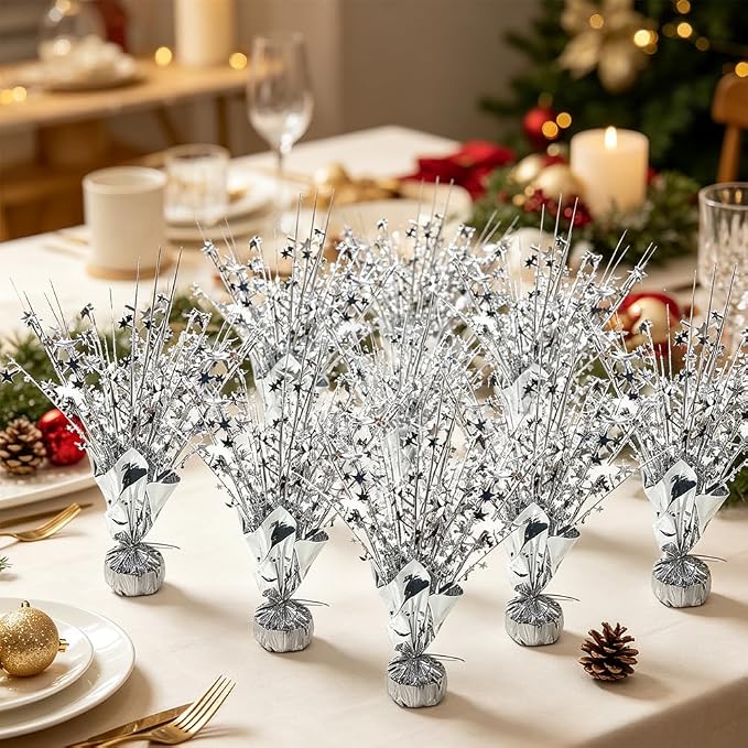 Silver Star Spray Table Centerpieces, 6 Pack Sparkly Silver Starburst Table Toppers, Foil Star Party Decorations for Birthday Graduation 4th of July Wedding New Year Table Decor
