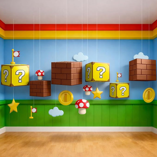 Super Theme Brother Party Decorations Video Game Hanging Banner Brothers Theme Hanging 3D Paper Boxes Mushroom Gold Coin Cards Decor for Cartoon Gamer Birthday Party Supplies Photo Booth Props