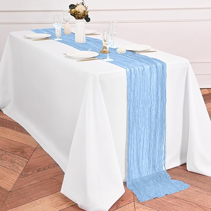 12 Pack Light Blue Table Runner 10Ft Cheesecloth Table Runner Rustic Gauze Table Runners Romantic Long Sheer Fabric Cheese Cloth Table Runners for Wedding Party Bridal Baby Shower