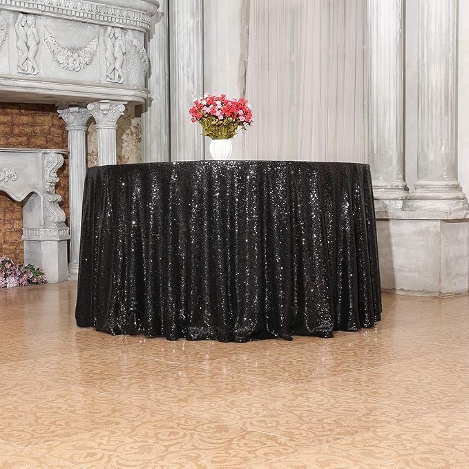 Juya Delight 108'' Round Black Sequin Tablecloth for Wedding Birthday Party Festival Ceremony Dessert Table