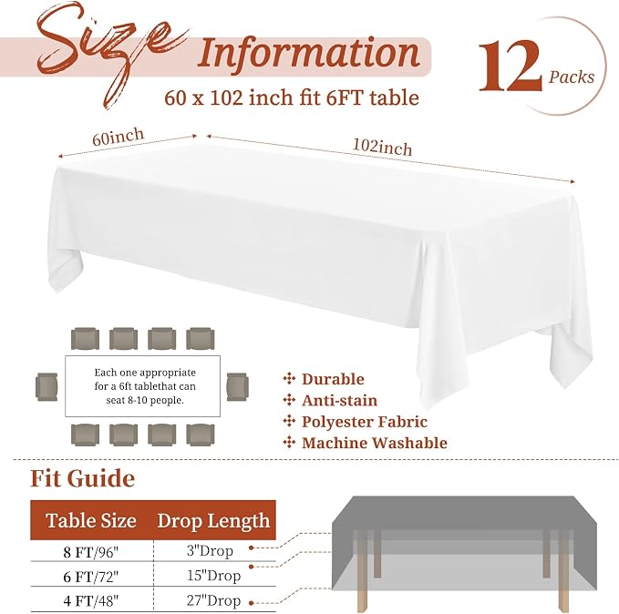 Showgeous 12 Pack White Rectangle Tablecloths, 60 x 102 Inch, Polyester, Wrinkle Resistant, Machine Washable, Perfect for 6ft Tables, Wedding, Birthday Parties