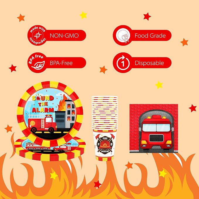 Recheel Firetruck Birthday Party Supplies Decorations, Fire Truck Theme Paper Plates and Napkins Set for 24 Guests, 120 Pcs Disposable Firefighter Party Dessert Dinnerwares
