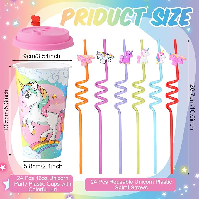 Maxcheck 24 Sets 16 oz Unicorn Party Favors Goodie Cups with Colorful Lids and Straws for Birthday Decorations Reusable Plastic Candy Cups Bulk Plastic Straws for Birthday Party Celebration Gifts