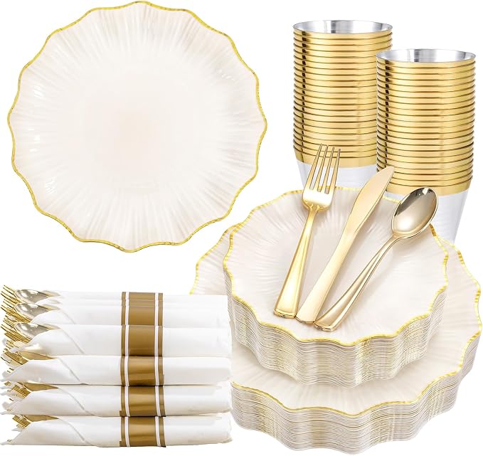 U-QE 175PCS Ivory Gold Plastic Plates - Disposable Dinnerware Set for 50 Guests - Ivory and Gold Plates and Napkins Party Supplies include 50 Plates, 25 Per Rolled Napkins with Gold Cutlery, 25 Cups