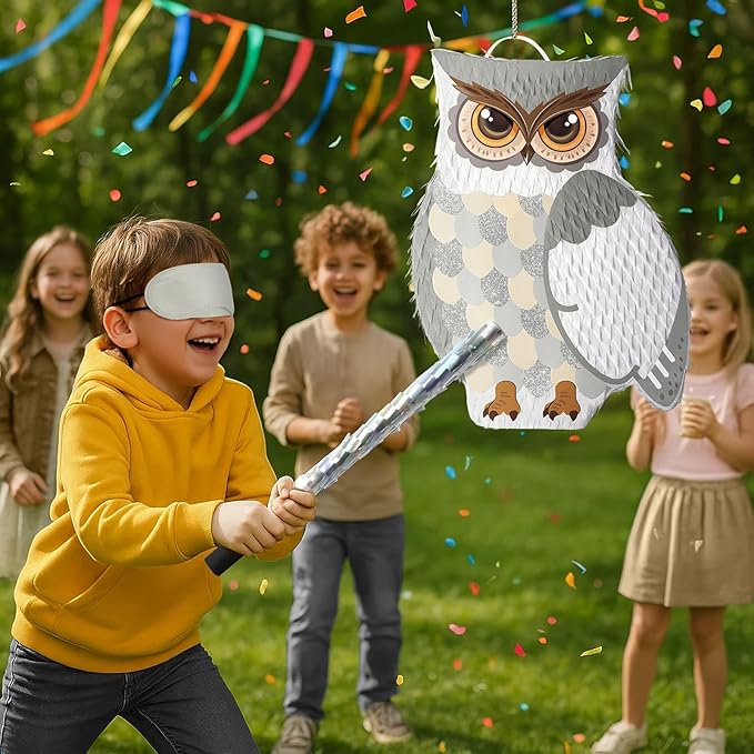 WERNNSAI Night Owl Piñata - Owl Wicked Piñata Hanging Woodland Forest Party Decorations for Kids Birthday Animal Shower Party Game Favor, with Blindfold and Bat