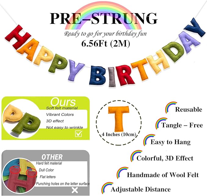 Pre-Strung Happy Birthday Banner - Retro Classic Birthday Party Decorations - Reusable HAPPY BIRTHDAY Garland, Boy Girl Birthday Felt Banner, Happy Birthday Sign for Holiday Party Decor, Photo Prop (Retro Classic Color)