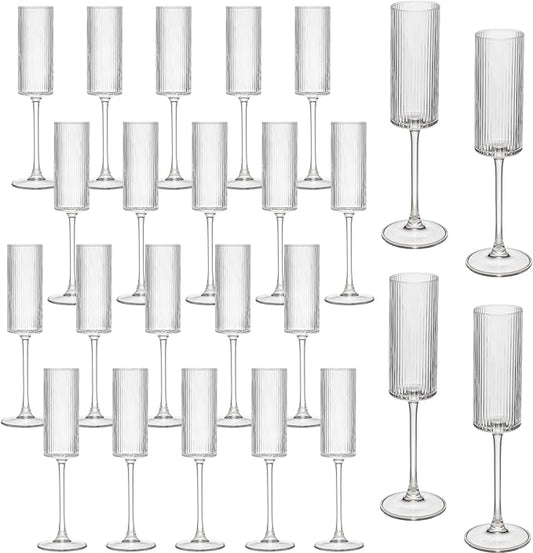 Champagne Flutes Set of 24,Vintage Ribbed Crystal Hand Blown 6 OZ Goblet Champagne Glasses Long Stem,Elegant Sparkling Wine Stemware Drinking Cocktail Unique Gift for Birthday, Wedding, Anniversary