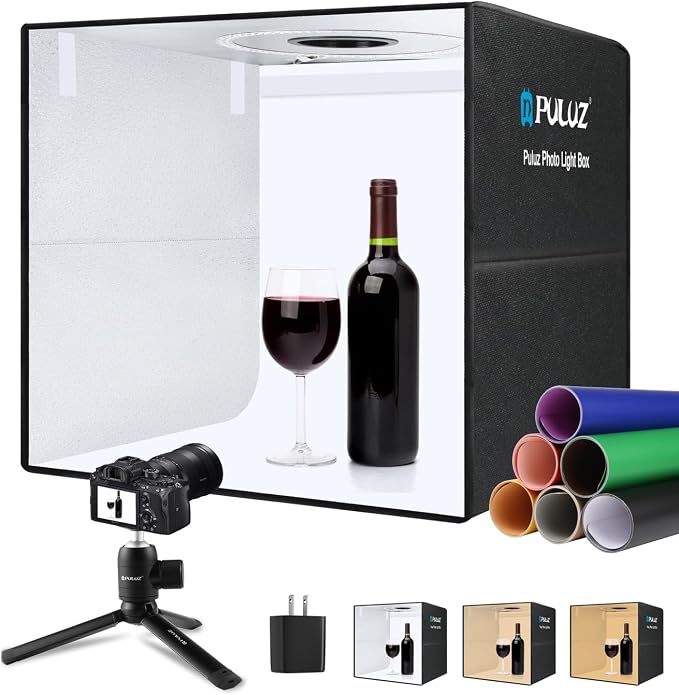 PULUZ Light Box for Product Photography, 20"x20" Portable Photo Studio Large Photo Booth Lightbox Jewelry Food Photography Picture Box with Dimmable 160 LED Lights & 12 Color Backdrops