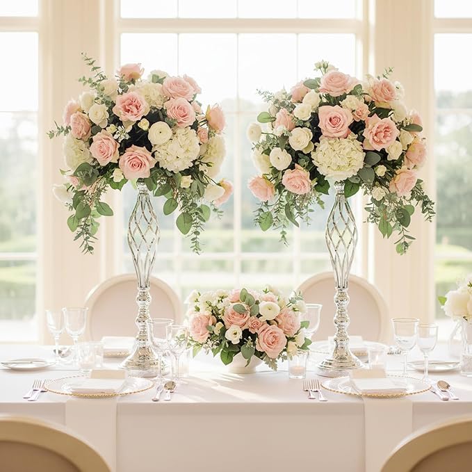 Silver Wedding Vases for Table Centerpieces - 2pcs of Twist Candleholder Stands, Elegant Floral Arrangement Vases, Metal Centerpieces for Reception Table Wedding Road-Leading Home Decor