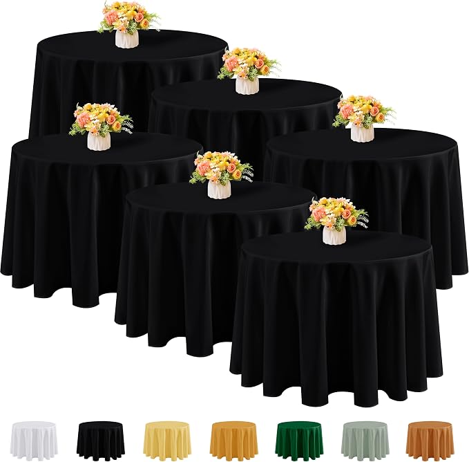 Fitable 6 Pack Black Round Tablecloths - 108 Inches Round - Wrinkle and Stain Resistant Fabric Table Clothes, Washable Polyester Table Covers for Wedding, Party, Banquet, Formal Events