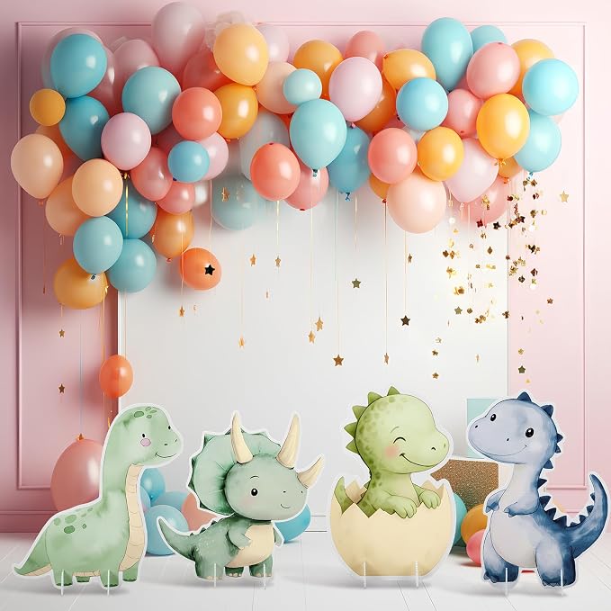 4 Pcs Large Dinosaur Cutout Cardboard Standup Decorations 21 x 15'' Cute Dinosaur Baby Shower Decorations Cartoon Backdrop Photo Props for Birthday Party Supplies Cake Table Decor, 4 Styles