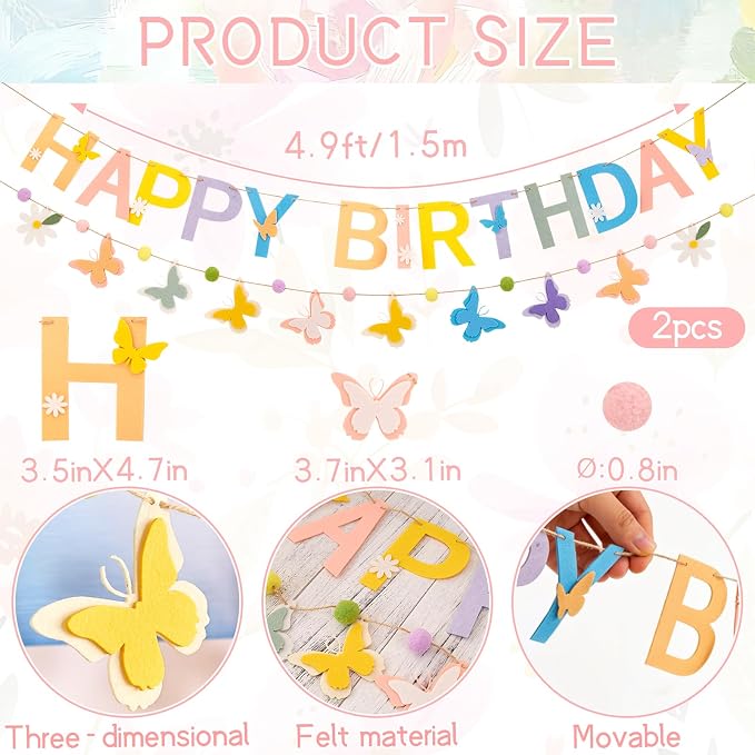 Felt Happy Birthday Banner, Butterfly Birthday Banners, Felt Party Banners, with Handmade Butterfly Garland, Pre-Strung Birthday Decorations for Girls Women Flower Spring Garden Party