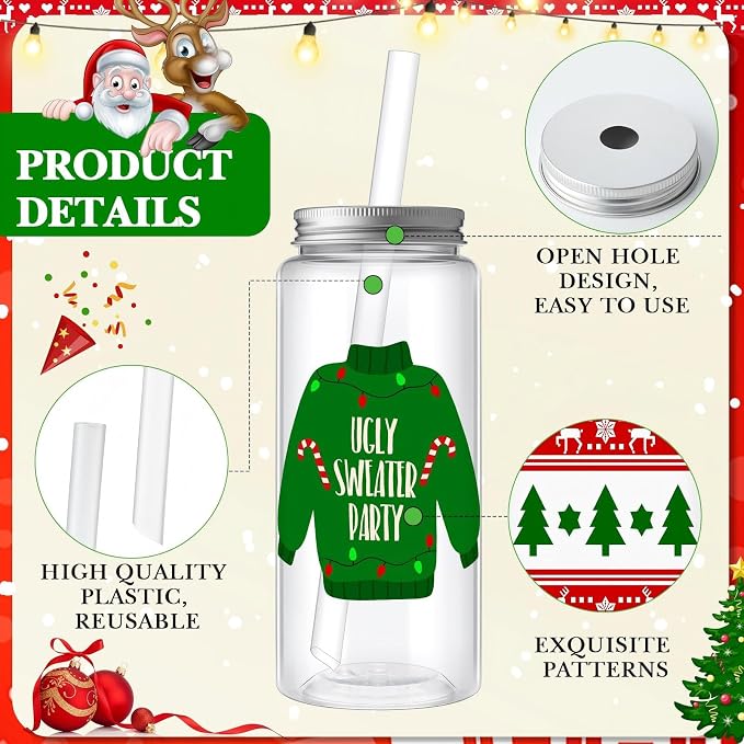 Skylety 30 Pcs Christmas Plastic Cups with Lids and Straws 13.5 oz Winter Sweater Reusable Plastic Tumbler Xmas Sweater Party Decor for Winter Holiday Women Birthday Wedding Party Supplies