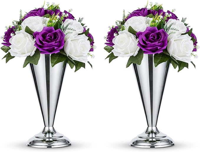 2 Pcs Tabletop Silver Metal Wedding Flower Trumpet Vase, 9.8 inch Table Decorative Centerpiece Artificial Flower Arrangements for Anniversary Ceremony Party Birthday Event Aisle Home Decoration