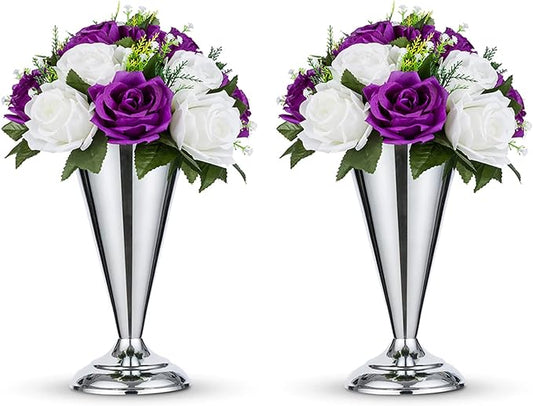 2 Pcs Tabletop Silver Metal Wedding Flower Trumpet Vase, 9.8 inch Table Decorative Centerpiece Artificial Flower Arrangements for Anniversary Ceremony Party Birthday Event Aisle Home Decoration