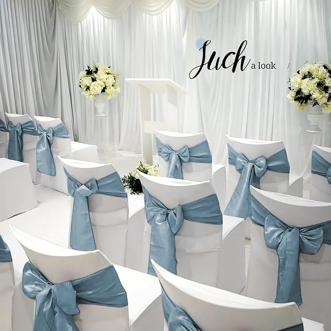 Pesonlook 120 PCS Dusty Blue Satin Chair Sashes Bows Satin Chair Sashes Universal Chair Cover for Wedding Reception Restaurant Event Decoration Banquet,Party,Hotel Event Decorations (7 x 108 inch)