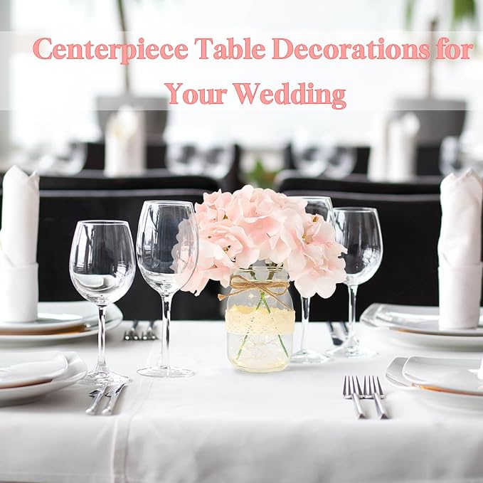 Mason Jar Table Centerpiece Set of 3 with Lights Pink Hydrangea artificial Flowers for Engagement Party Bridal Shower Centerpieces Wedding Christmas Thanksgiving Party Reception Table Decor