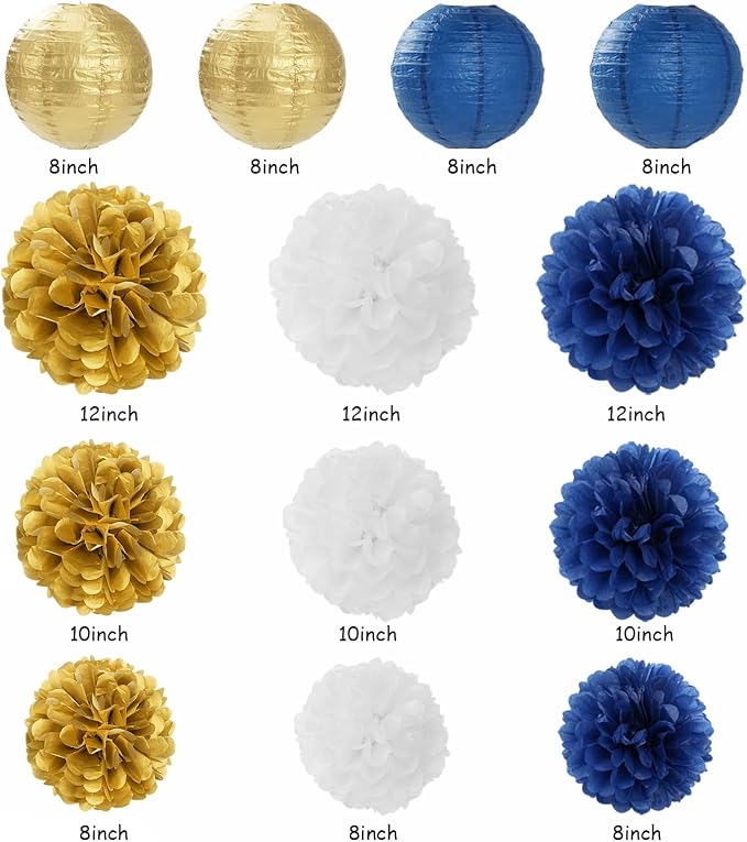 Navy-Blue White Gold Party-Decorations - 20pcs Graduation 2026 Paper Lanterns Fans,Tissue Pom Poms,Honeycomb Ball,Birthday Bridal Celebration Bachelorette Baby Shower Wedding Homecoming Decor Burgleda