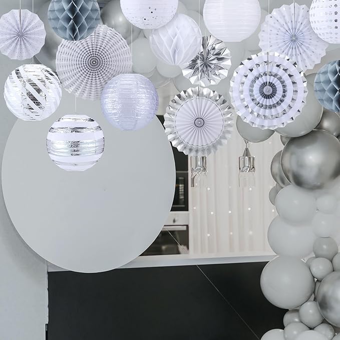 Retisee 18 Pcs Metallic Silver Party Decorations Kit Hanging Metallic Silver Paper Lanterns Paper Fans Honeycomb Balls for Birthday Anniversary Celebration Wedding Graduation Decoration Supplies