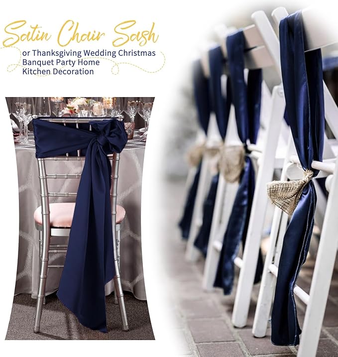 120 PCS Navy Blue Satin Chair Sashes, Ties Bows Designed Chairs Decorative, Chair Cover Sashes for Thanksgiving Wedding Christmas Banquet Party Home Kitchen Decoration (7 x 108 inch)