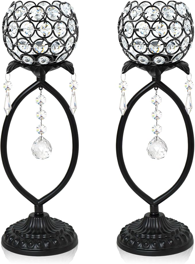 2 Pcs Elegant Metal Crystal Tea Light Candle Holders with Crystal Pendants, Hollow Design - Wedding Table Centerpieces for Anniversary Birthday Party, Home Decor (2, Black)