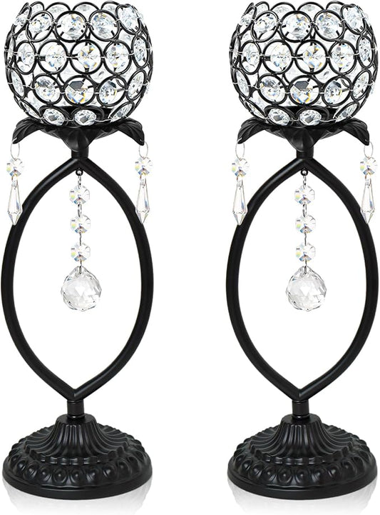 2 Pcs Elegant Metal Crystal Tea Light Candle Holders with Crystal Pendants, Hollow Design - Wedding Table Centerpieces for Anniversary Birthday Party, Home Decor (2, Black)