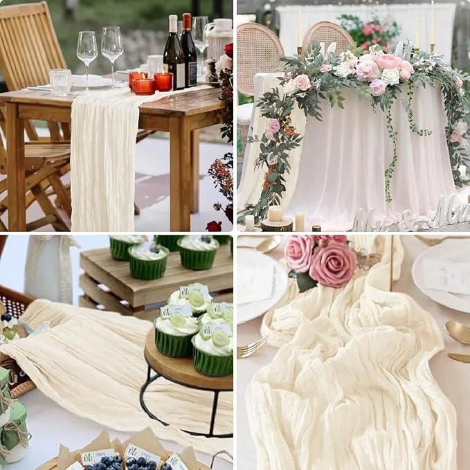 8 Pack Beige Cheesecloth Table Runner 21x120 Inch Gauze Table Runners Reusable Polyester 10ft Boho Rustic Cheese Cloth Table Runner for Wedding Party Baby Shower Birthday