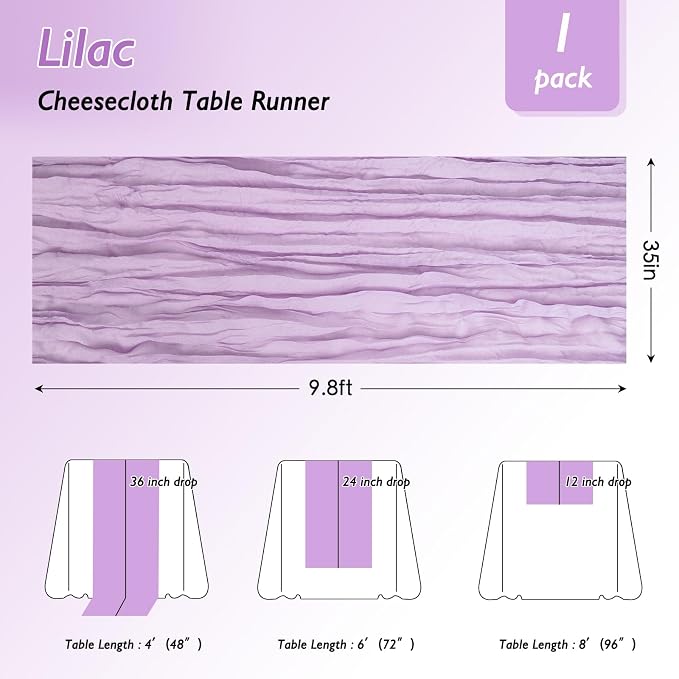 6 Pack Lilac Purple Cheesecloth Table Runner 120 Inch 10FT Cheese Cloth Fabric Runners for Baby Shower, Banquet, Wedding Decoration, Birthday Party
