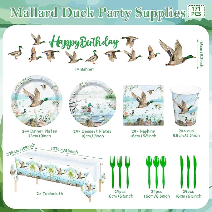 171pcs Mallard Duck Party Supplies Mallard Duck Party Plates Napkins Tableware Set Disposable Paper Cups Green Forks Tablecloth and Banner Duck Hunting Birthday Party Decorations Serves 24