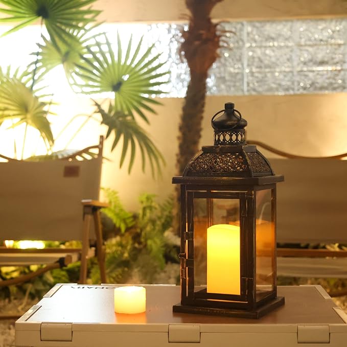 Lanterns Decorative Indoor&Outdoor, 14.4'' Large Black Square Hanging Lanterns, Vintage Metal Candle Holder for Outdoor Patio Front Door Porch Wedding Party Decor