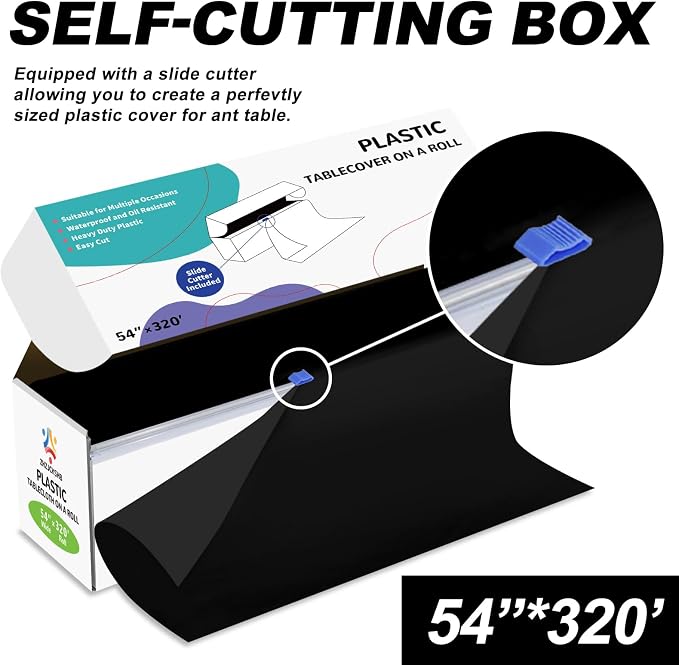 54IN X 320FT Plastic Table Cover Roll with Cutter Box, Cut to Size Plastic Table Cloths for Parties, Birthday, Disposable Tablecloth Roll for All Shape Tables (Black, 54 Inch X 320 Feet)