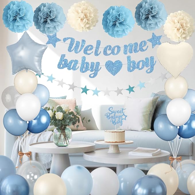 Dusty Blue Baby Shower Decorations for Boy, Welcome Baby Boy Banner Slate Light Metallic Blue White Sand Latex Balloons with Pom Poms Cake Topper Tassel for Boho Baby Shower Birthday Party Supplies