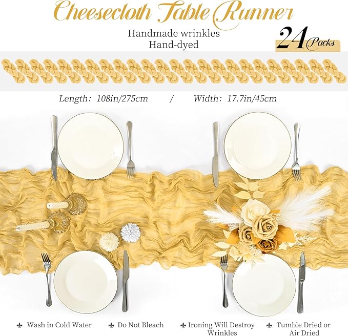 24 Packs Gold Table Runner, Charming Cheesecloth Table Runner 17 x 108inch, Gauze Boho Wedding Decoration Rustic Sheer Fabric Cheese Cloth Table Runners for Wedding Party Bridal Shower