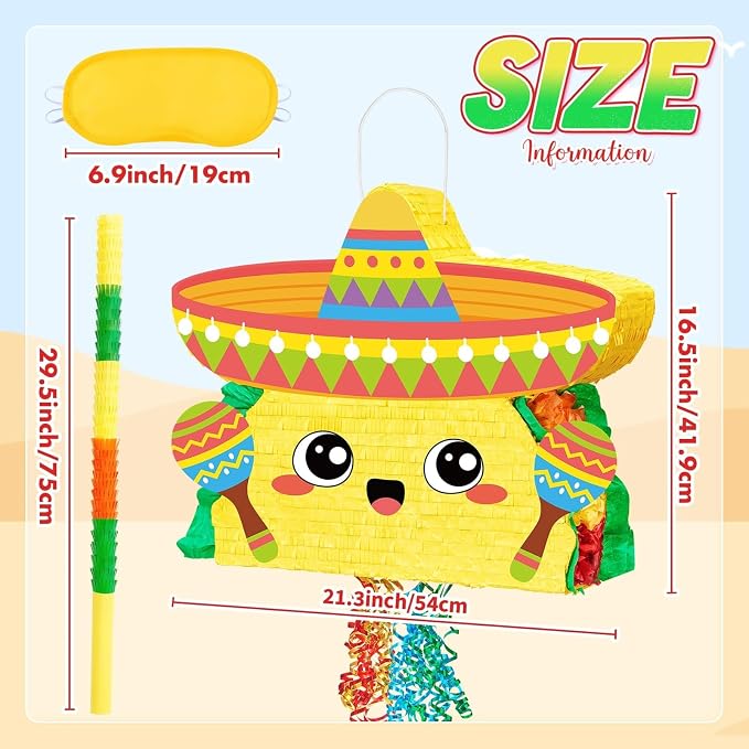 WERNNSAI Large 21" Taco Piñata - Cinco De Mayo Fiesta Theme Taco Piñata with Blindfold and Bat for Mexican Birthday Party Decorations Carnivals Festivals Supplies