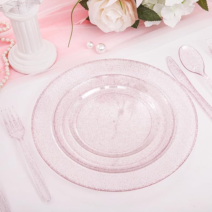 WDF 120pcs Pink Plastic Plates Disposable - Clear Pink Glitter Plates including 60PCS Dinner Plates 10.25inch and 60PCS Salad Plates 7.5inch for Wedding Baby Shower Spring Birthday