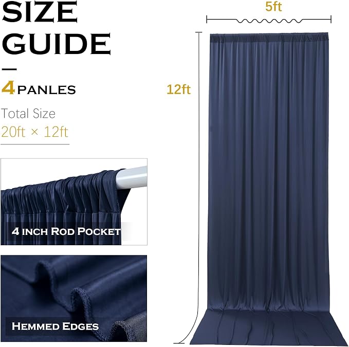 20ft×12ft Navy Blue Backdrop Curtain for Wedding Parties, 4 Panels Wrinkle Free Polyester Photo Backdrop Drapes Back Drop Cloth for Independence Day Birthday Photography Background