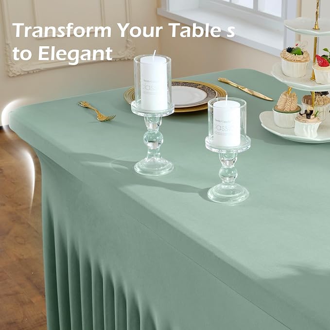 NSSONBEN 2 pk Sage Green Spandex Tablecloth for 8 Foot Rectangle Tables,Wrinkle Free Fitted Spandex Table Covers 8ft Stretch Table Cloths with Ruffle Skirt for Parties Weddings Banquet Baby Shower