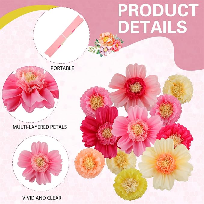 Crowye 12 Pcs Large Colorful Tissue Paper Flowers Decorations Giant Fiesta Craft Crepe Paper Flowers for Wall Decor Backdrop Mexican Wedding Birthday Carnival Party (10'' 20'',Fresh Color)