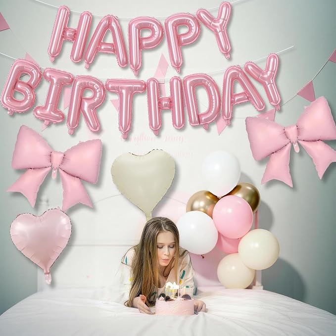 Boho Dusty Pink Bow Birthday Decorations for Women Girls, Blush Champagne Gold Sand White Cream Balloons Happy Birthday Banner Pink Coquette Foil Balloons Heart Balloon for Bday Party Supplies