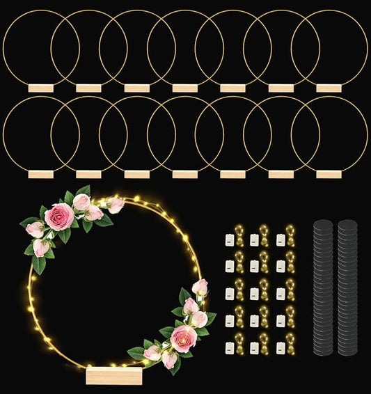 12 Inch 15 Sets Metal Floral Hoop Centerpiece with Wood Stands and LED Fairy Lights, Gold Metal Rings for Christmas Party Dream Catcher Wedding Table Wreath Decor, Wall Hanging Wreaths