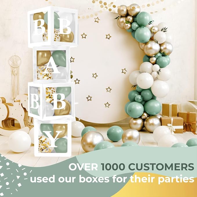 44-Piece Baby Shower Decorations for Boy or Girl - 4 Boxes with Letters and 32 Balloons - Sage Green and Metallic Gold (Boho Style) - Gender Reveal Party Supplies - Photo Shoot Backdrop