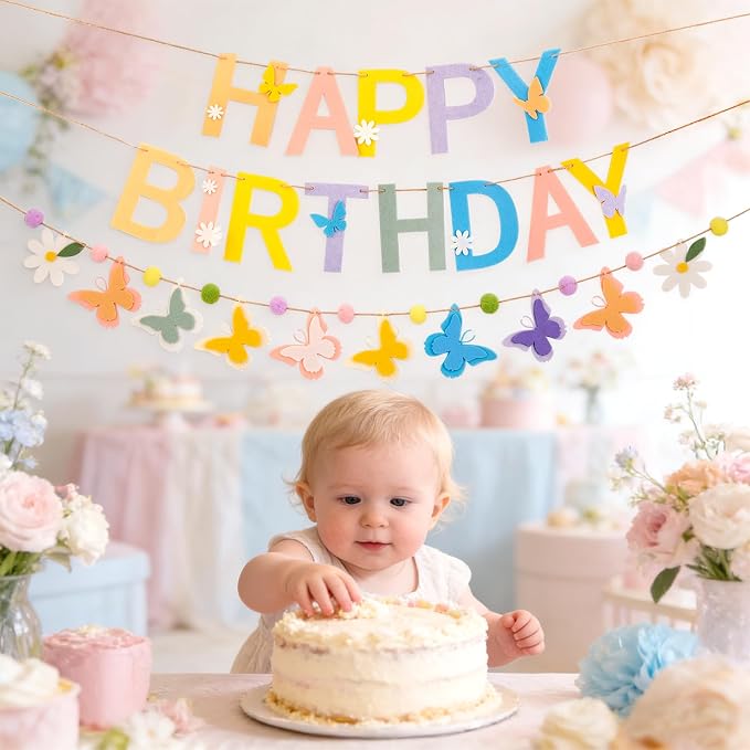Felt Happy Birthday Banner, Butterfly Birthday Banners, Felt Party Banners, with Handmade Butterfly Garland, Pre-Strung Birthday Decorations for Girls Women Flower Spring Garden Party