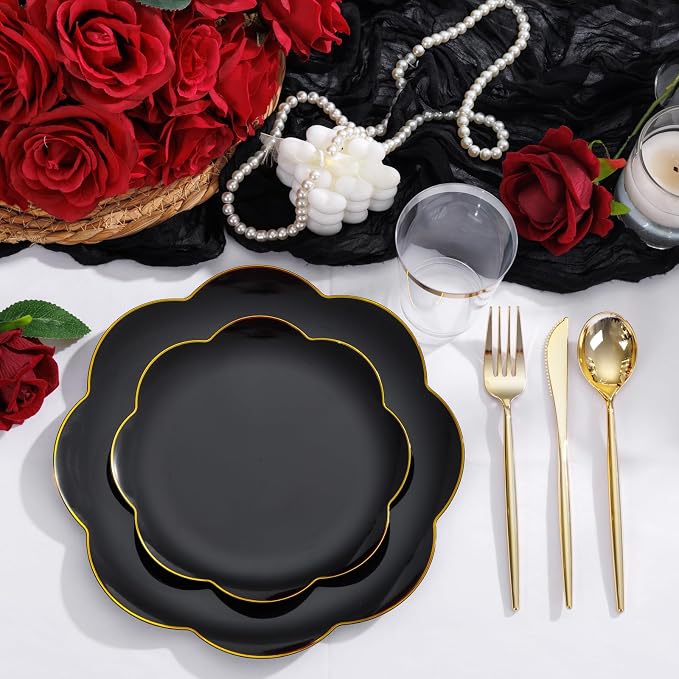 EI 180pcs Black Plastic Plates with Gold Plastic Silverware,Black and Gold Plates Disposable,Heavy Duty Plate for Party,Wedding,Anniversary,Spring Afternoon Tea Business Event,Graduation Decorations