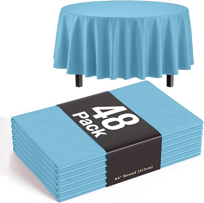 Exquisite Sky Blue Round Tablecloths Plastic Table Cloth Disposable 48 Pack 84" Inch Round Table Cloth Disposable Sky Blue Tablecloths Plastic Tablecloth Indoor/Outdoor Tablecloth Party Supplies